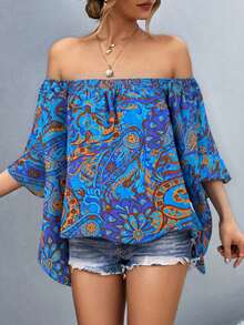 Breezaya Blusa de hombros descubiertos con estampado vintage para mujer - Azul - Ver 4