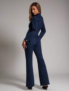 NYA SZN 连体裤牛仔布修身紧身工装口袋细节束带街头风格乡村朴素老钱教堂商务休闲办公室教师秋冬适合女性通勤服装 - 深色水洗藍 - 查看 2