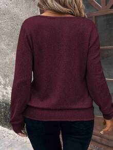 EMERY ROSE 女式柔软针织长袖休闲运动衫，加大码，秋冬 - 中紫紅色 - 查看 2