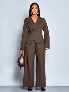 SOLERSUN Women's Elegant Commuting Coffee Tweed Wrap Blazer With Front Tie Back And Wide Leg Pants Suits Fall Cloth For Women - Coffee Brown - View 3