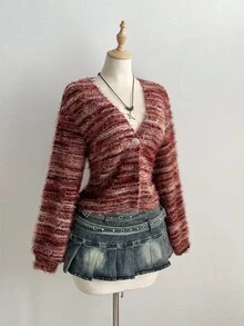 Elamini Pink Maillard Feather Fuzzy Casual Knit Cardigan For Women - Coral Pink - View 5