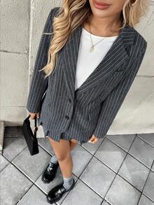 INAWLY Nuevo conjunto de traje de mujer de estilo académico elegante con mangas largas, de rayas, con pliegues y de corte holgado - Gris - Ver 4