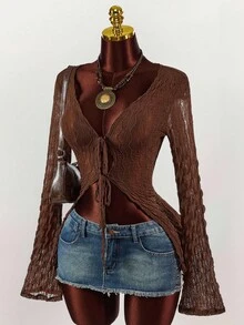 Amplova 90s Bell Sleeve Tie Front Textured Sheer Top - Chocolate Brown - View 4