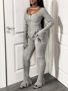 BamGleam 2件套女士秋冬拉链流苏高腰性感针织毛衣套装 - 黑色 - 查看 6