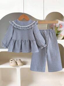 SHEIN Playful Pals 女宝宝荷叶边领条纹长袖上衣配阔腿裤可爱两件套
