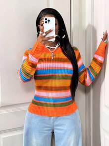 BamGleam Women's Striped Long Sleeve Casual Knit Sweater, Autumn/Winter - Multicolor - View 4