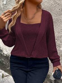 EMERY ROSE 女式柔软针织长袖休闲运动衫，加大码，秋冬 - 中紫紅色 - 查看 7