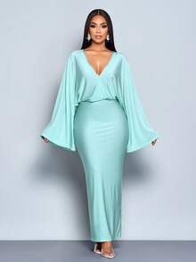 SOLERSUN Women's Elegant Mint Green Autumn Deep V Slim Long Dress, Loose Collar Fall Dresses For Parties,Dinner,Afternoon Tea,Daily Outings And Halloween - Green - View 1