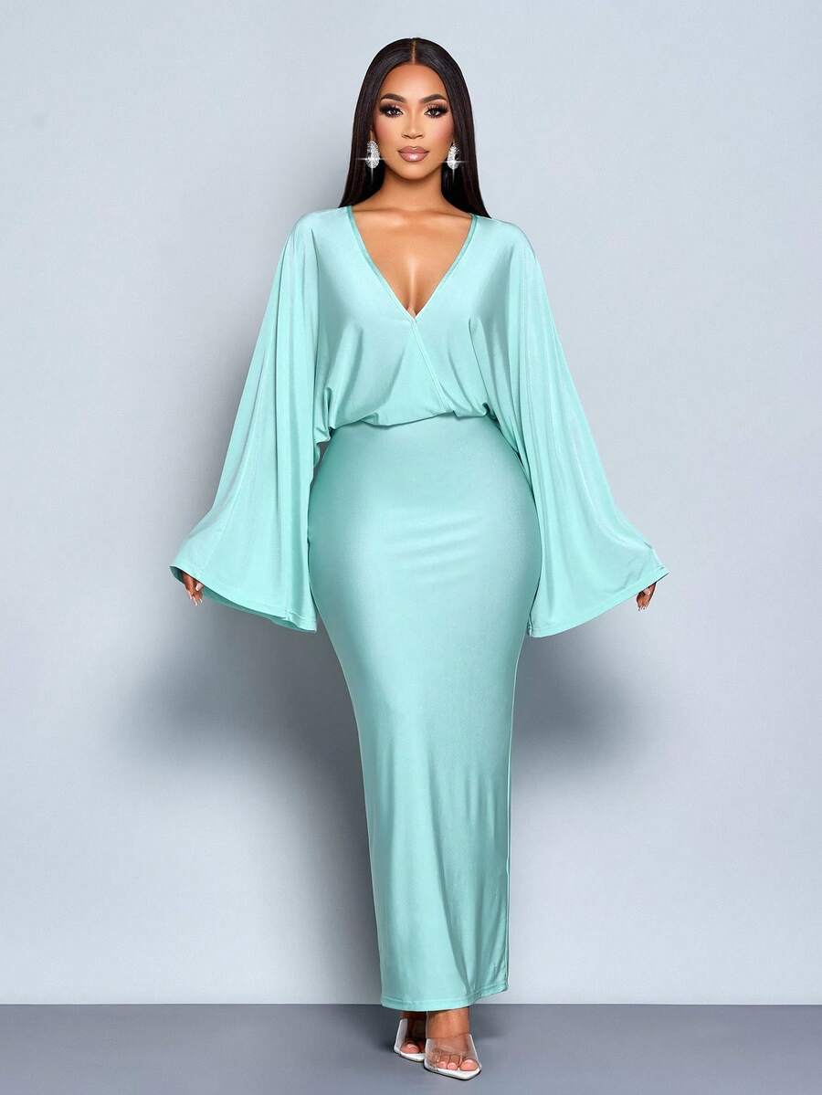 SOLERSUN Women's Elegant Mint Green Autumn Deep V Slim Long Dress, Loose Collar Fall Dresses For Parties,Dinner,Afternoon Tea,Daily Outings And Halloween - Green - View 1