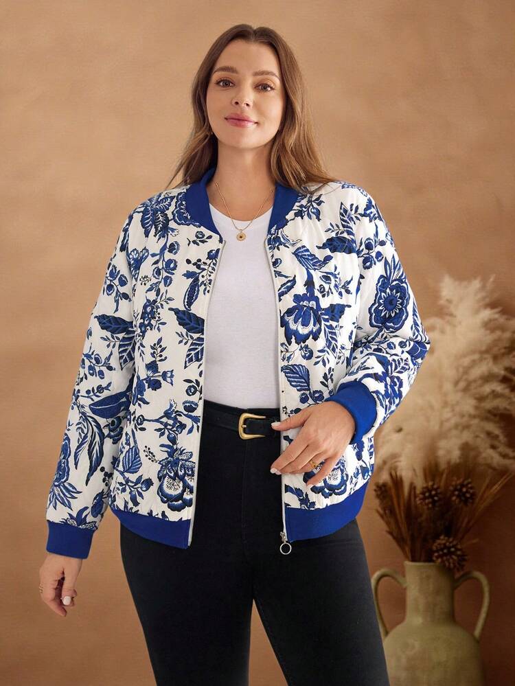 Plus Size Women Allover Print Zip-Up Baseball Jacket, Blue Floral Bomber Jacket, Autumn/Winter Fall