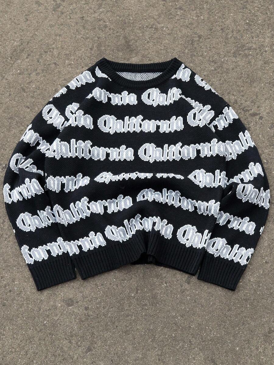 Manfinity EMRG Men's Casual Letter Pattern Round Neck Drop Shoulder Long Sleeve Sweater, Autumn Men Knit Sweater California Sweater Mens Graphic Knit Sweater Mens Black Sweater Mens Knitwear