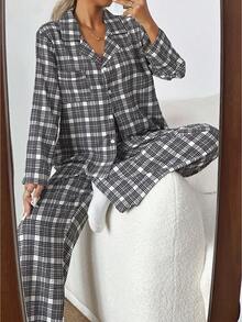 SHEIN 女士休闲黑白格纹印花长袖上衣和裤子睡衣套装，两件套睡衣，秋冬服装，圣诞节