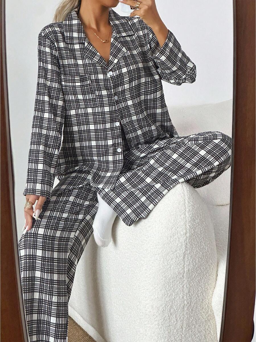 SHEIN 女士休闲黑白格纹印花长袖上衣和裤子睡衣套装，两件套睡衣，秋冬服装，圣诞节