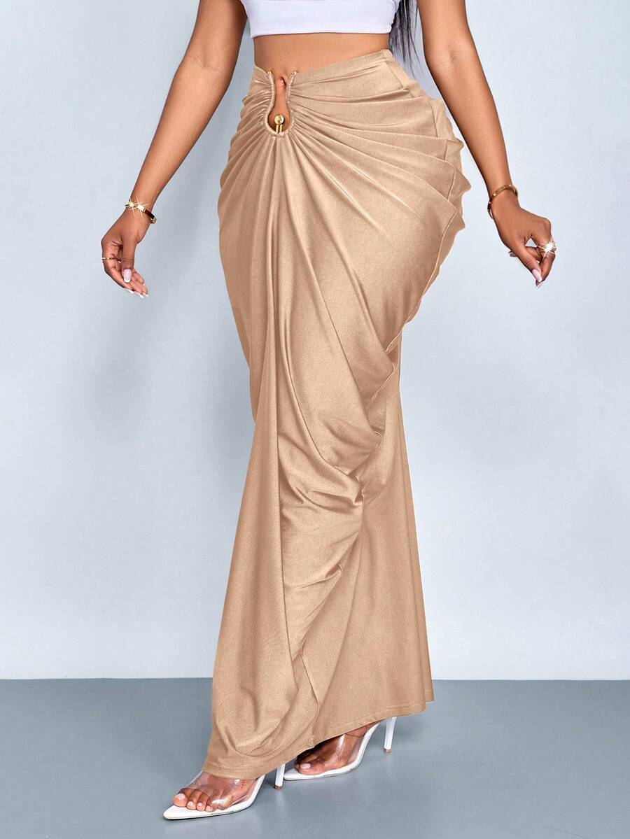 SOLERSUN 女士时尚纯色褶皱半身裙 - 杏色 - 查看 1