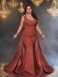 Glamrae Plus Size Elegant Romantic Withered Rose Color Square Neck Long Sleeve Sheer Luxury Rhinestone Bubble Ruffle Decor Mermaid Hem Embellished Formal Evening Gown - Rusty Rose - View 6