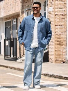 EASEVO 男士加大码休闲牛仔衬衫，长袖上衣