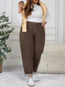 SHEIN CURVE+ 休闲时尚百搭简约纽扣口袋大码女式牛仔裤 - 棕色 - 查看 5