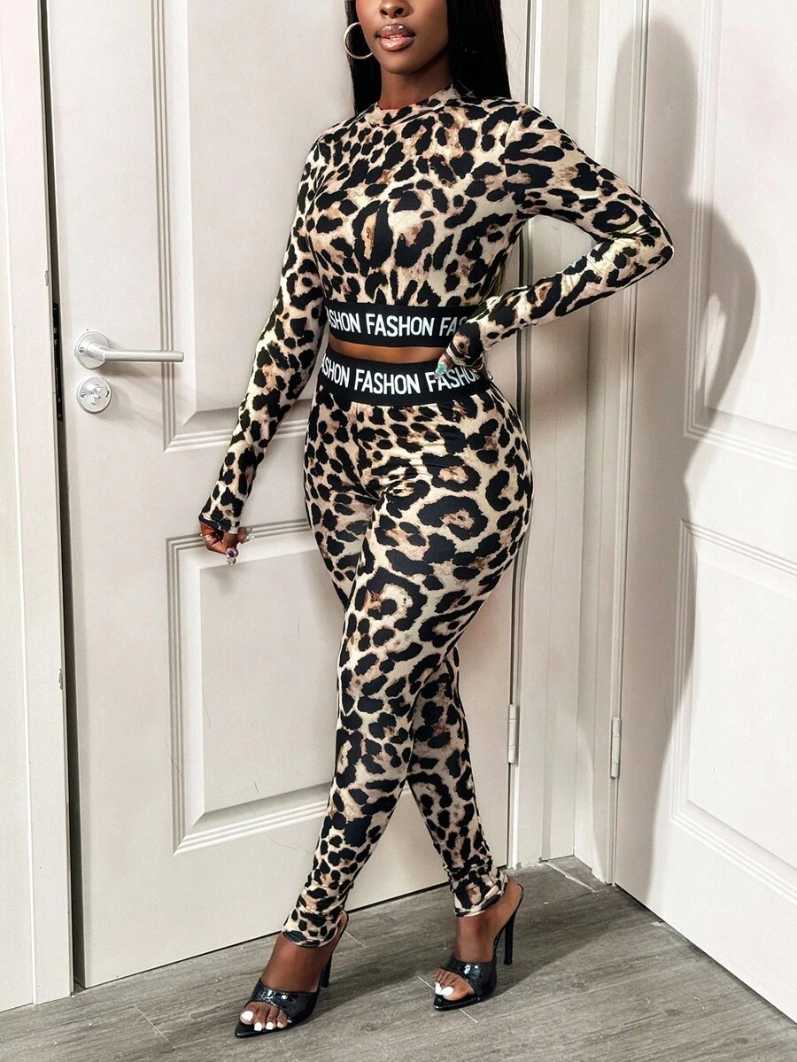 BamGleam Set 2 bucăți la modă, sexy, cu imprimeu leopard, text în engleză, cu talie elastică, pentru femei - imagine 4