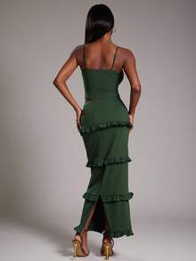 NYA SZN Conjunto de mujer (Top y Falda) Top básico corto ajustado de unicolor, Falda ajustada de cintura alta con volantes, Adecuado para salir, otoño e invierno, Apto para atuendos de oficina - Camel - Ver 2