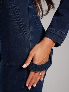 NYA SZN 连体裤牛仔布修身紧身工装口袋细节束带街头风格乡村朴素老钱教堂商务休闲办公室教师秋冬适合女性通勤服装 - 深色水洗藍 - 查看 7