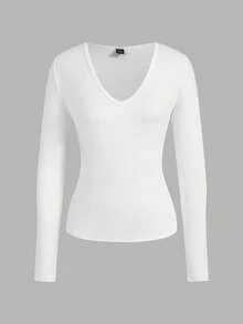 SHEIN EZwear 2pcs/Set Women Deep V-Neck Slim Fit Casual Long Sleeve T-Shirt Top Set, Suitable For Autumn/Winter - White - View 3