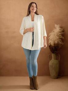 EMERY ROSE Plus Size Casual Solid Color Textured Jacket, Plus Size Lace Jacket, Plus Size Open Front Cardigan, Autumn - Apricot - View 3