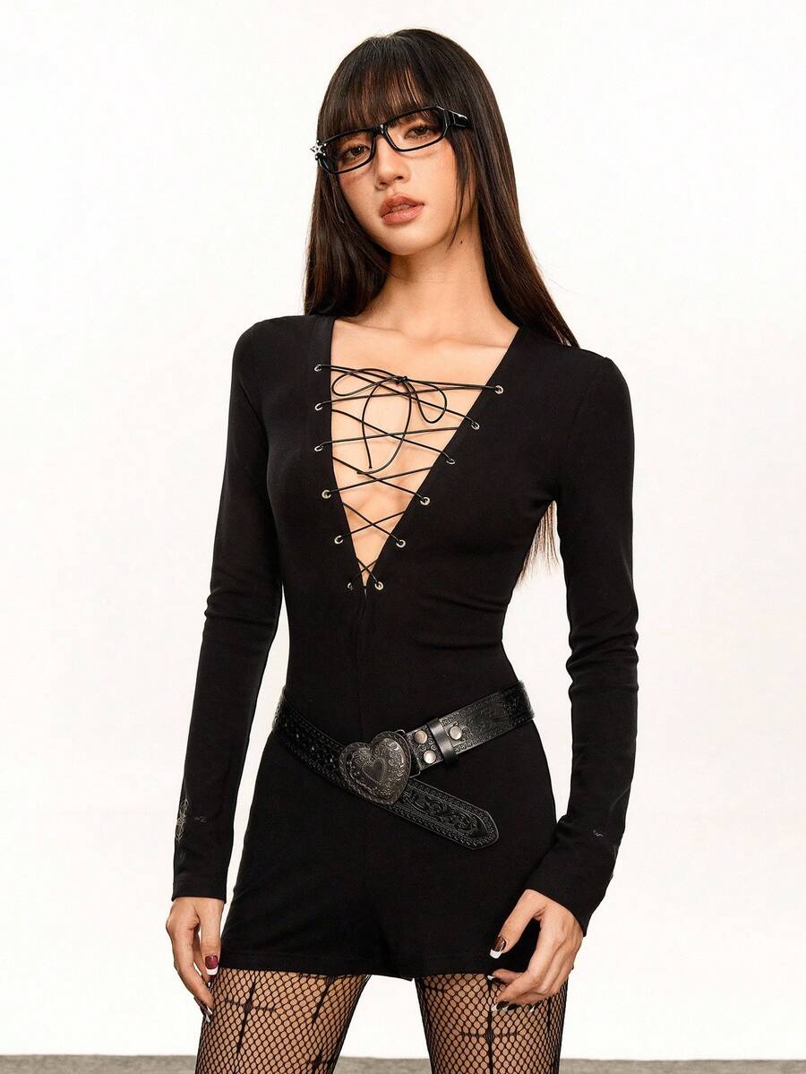 Rina Fox Women's Lace-Up Long Sleeve V-Neck Sexy Jumpsuit Fall Cloth For Women - Black - View 1