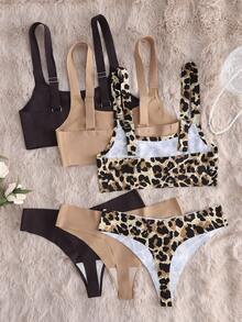 6 st set med leopardmönster och minimalistiskt, bygelfritt set med låg midja och trosor för kvinnor