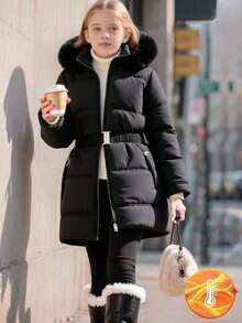 Girls' Casual Hooded Padded Coat With Fur Collar, Elastic Waist Belt, Pockets And Zipper Design, Loose Fit, Comfortable For Autumn/Winter, Suitable For Daily, Commuting, Outdoor, Party And Photo Shooting Fall - Black - View 1