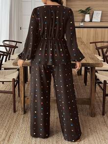 SHEIN LUNE Plus Size Heart Print Shirt And Pants 2 Pieces Set - Multicolor - View 2