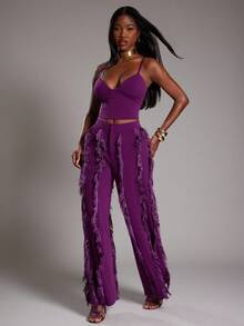 NYA SZN 女士套装（上衣和裤子）上衣修身修身短款可调节肩带领口低腰裤高腰阔腿抽绳流苏细节日常休闲早午餐约会教堂端庄秋冬适合通勤女士服装 - 紫色 - 查看 6