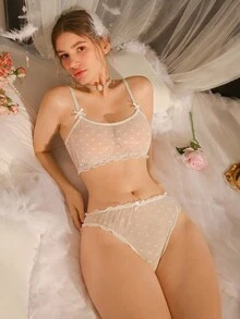 SHEIN 女士透明蝴蝶装饰细肩带性感内衣套装 - 白色 - 查看 4