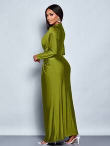 SOLERSUN Đầm ôm body dài tay trang trí kim loại màu trơn thanh lịch cho nữ trang phục dự tiệc cưới lãng mạn, tiệc tốt nghiệp, tiệc vũ hội - Màu xanh Ô liu - Xem 2