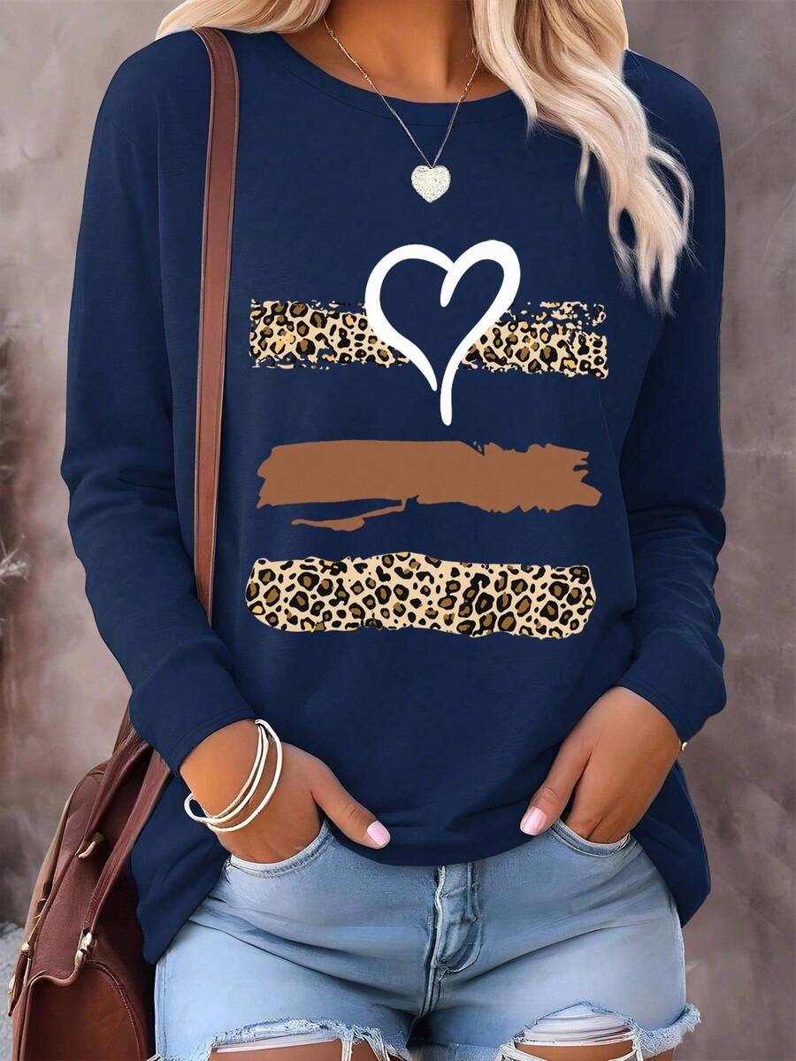 EMERY ROSE Leopard And Heart Print Drop Shoulder Oversize Long Sleeve Tee, Christmas - Navy Blue - View 1