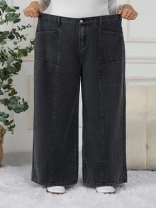 SHEIN CURVE+ 大码女式宽松口袋喇叭腿休闲百搭牛仔裤