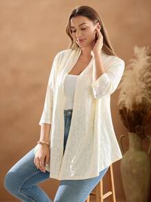 EMERY ROSE Plus Size Casual Solid Color Textured Jacket, Plus Size Lace Jacket, Plus Size Open Front Cardigan, Autumn - Apricot - View 5