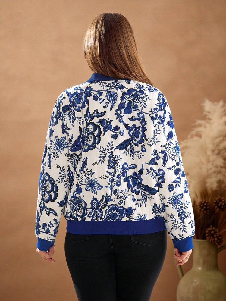 Plus Size Women Allover Print Zip-Up Baseball Jacket, Blue Floral Bomber Jacket, Autumn/Winter Fall