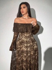 Viva Relle Plus Size Lace Fitted Off Shoulder Ruffle Hem Dress - Coffee Brown - View 6