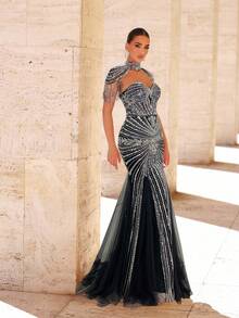 Glamrae 优雅奢华珍珠亮片网眼美人鱼连衣裙，流苏袖设计，适合婚礼、派对、度假、舞会礼服（重饰） - 黑色 - 查看 4