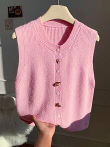 CovetEZ 女士休闲金属扣纯色针织背心 - 粉色 - 查看 2