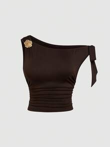 Sweetra Bộ váy hai mảnh tối giản không tay xếp ly eo kim loại màu nâu, trang trí vai bất đối xứng cỡ lớn - màu nâu - Xem 15