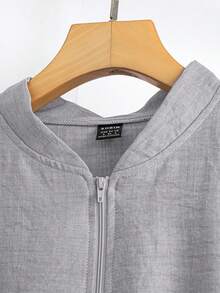 EMERY ROSE Women's Solid Color Casual Zip-Up Baseball Jacket And Wide Leg Pants Set, Autumn - Light Grey - View 3