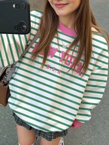 SHEIN Dopamine Stripe, Tween Girl Casual Minimalist "NEW YORK" Letter Loose Fit Crew Neck Comfortable Long Sleeve Sweatshirt, Suitable For Autumn/Winter, Autumn Outfits For , Easy Comfort, Autumn Layers For Girls, Stylish Kids, Casual Wear, Kids Graphic Sweatshirt, Back To School, Fall Clothes, Homecoming