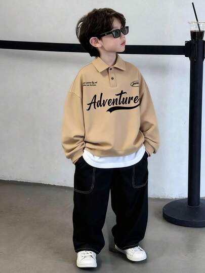 青少年男孩休闲舒适日常学院风韩版时尚百搭字母印花长袖 Polo 衫和口袋编织长裤套装，适合春夏季，适合日常穿着、运动、郊游、学校、聚会、节日、拍照、返校季