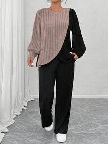 EMERY ROSE Plus Size Crew Neck Long Sleeve Soft Knit Ribbed Asymmetrical Patchwork Top & Straight Leg Pants 2 Pieces Set,Black,Autumn,Smart Casual,Vacation Fall - Multicolor - View 5