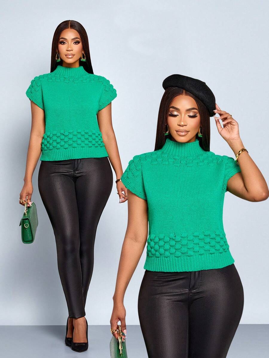 SOLERSUN Áo len chui đầu cổ lọ màu trơn thanh lịch, có gân, kiểu dáng thường ngày dành cho nữ - màu xanh lá - Xem 1