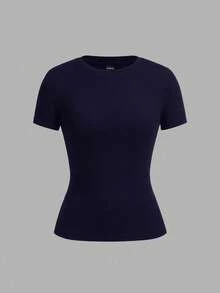 SHEIN EZwear 2 件海军蓝和白色休闲简约基本款圆领短袖 T 恤，适合春夏季 - 彩色 - 查看 3