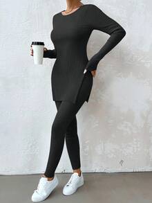 Cloudara Cotton Ladies' Solid Ribbed Round Neck T-Shirt With Side Slits On Hem And Skinny Pants Two Pieces Set - Dark Grey - View 6