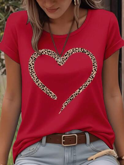 EMERY ROSE Leopard Print Heart Graphic Minimalist Print Round Neck Short Sleeve Fashionable Women T-Shirt