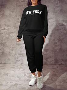 Slaydiva Plus Size Casual Minimalist New York English Print Pattern Loose Fit Thick Crew Neck Long Sleeve Sweatshirt, Suitable For Autumn & Winter - Black - View 4